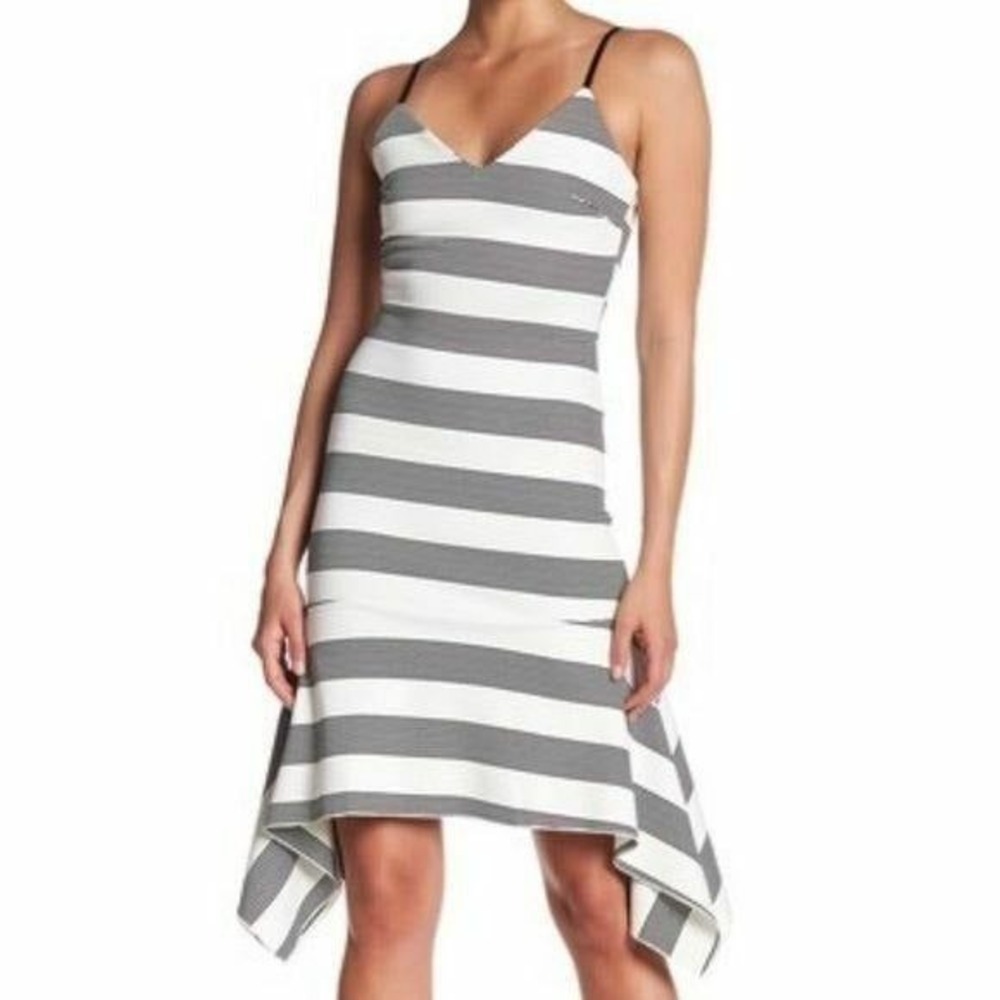 Line & Dot Striped Mermaid White Black Asymmetrical Hem Dress NWT Size L